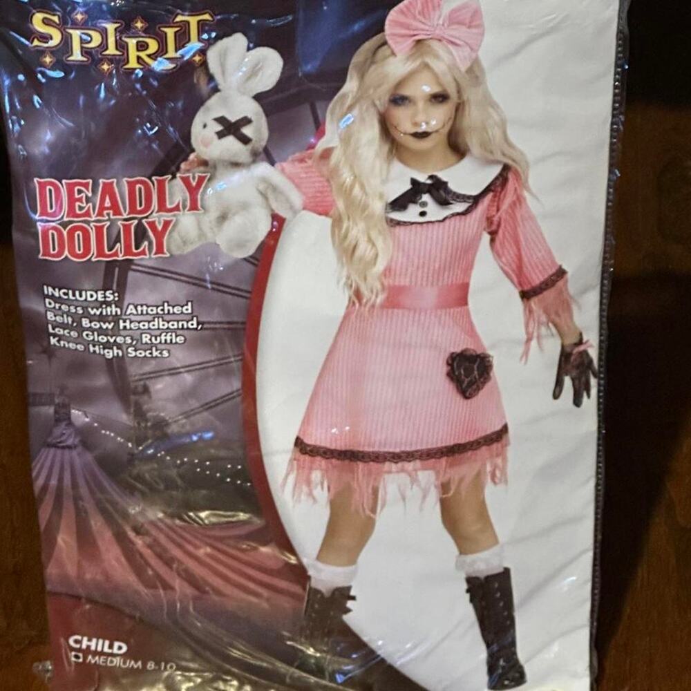 Spirit Halloween Deadly Dolly Costume Girls Medium 8-10 Creepy Doll